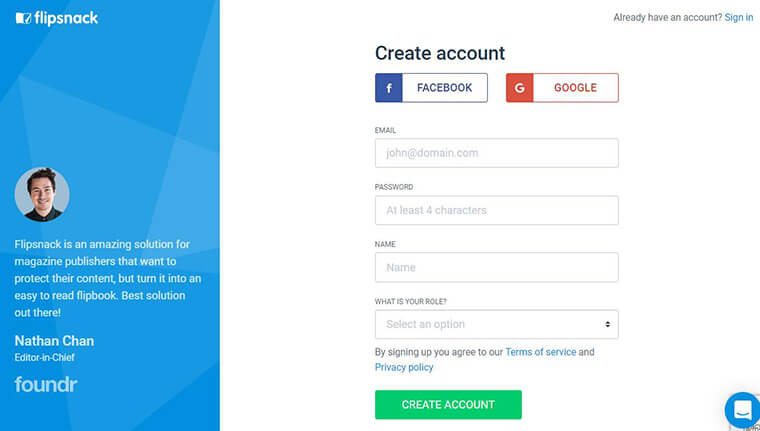create account in flipsnack
